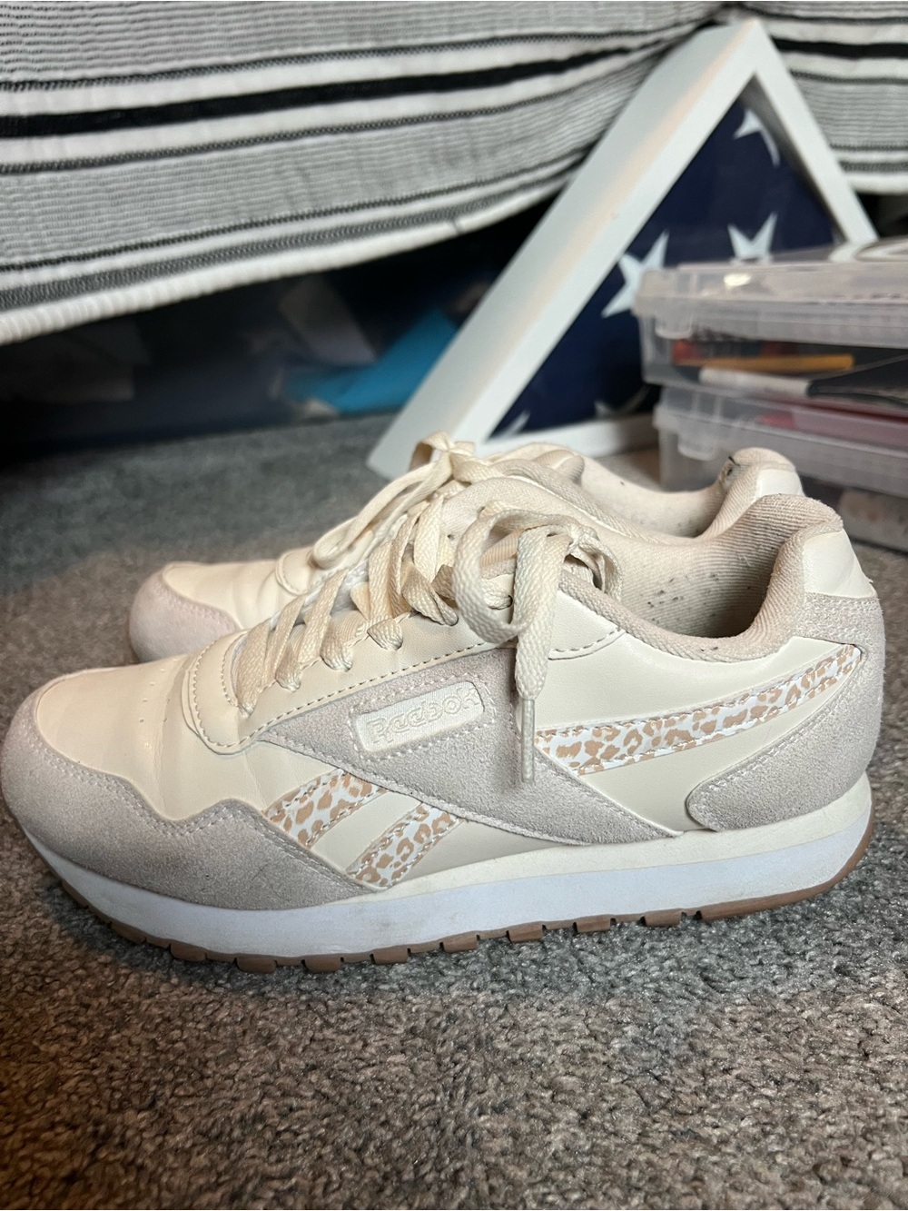 Reebok Women’s Cream & Beige Leather Sneakers with Subtle Leopard Accent - Picture 3 of 7